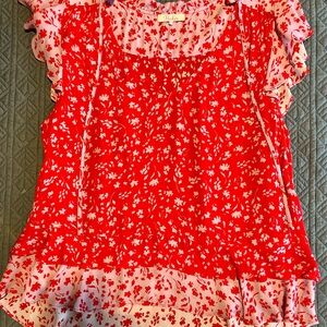 Parker Silk Red and White Floral Ruffle Sleeve Top